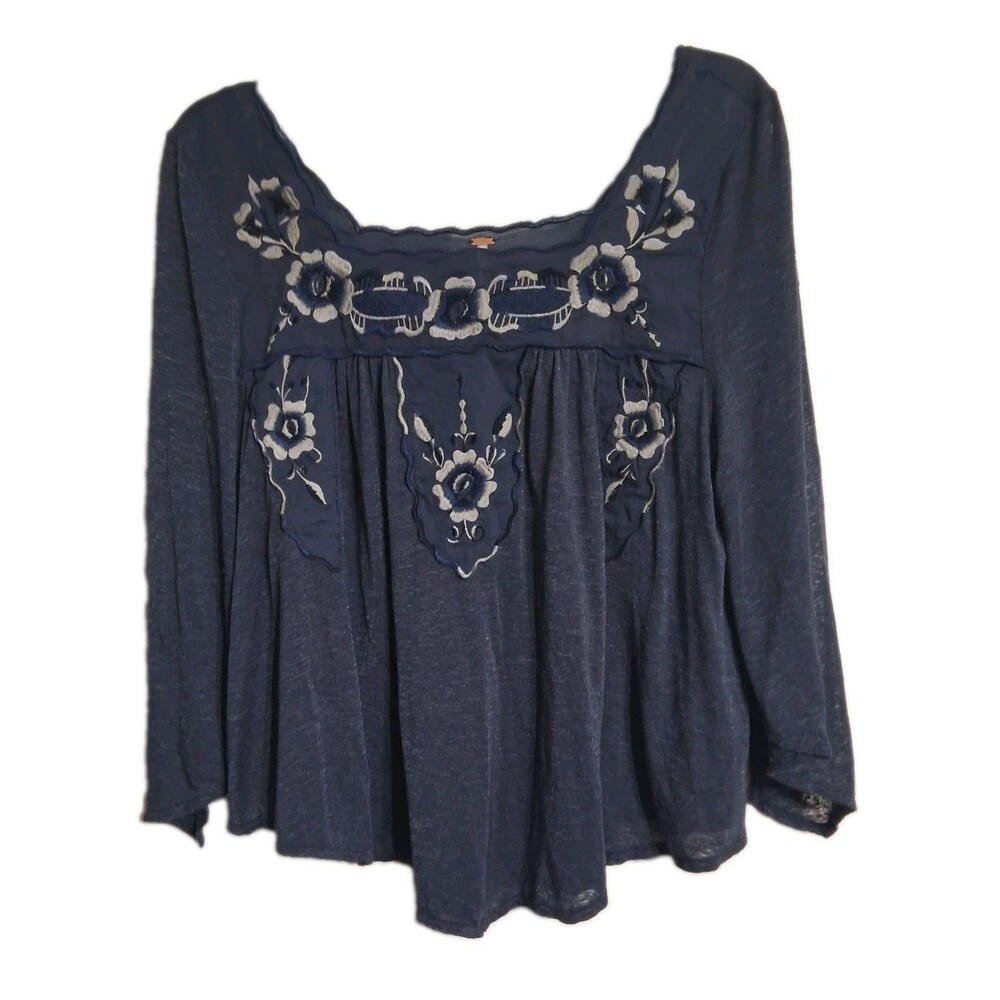 Women's Free People Semi Sheer Embroidered 3/4 Sleeve Blouse Top Size S